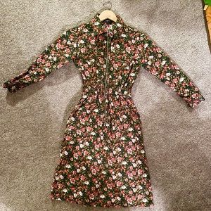 Hunter Green Dress with Pink Vintage Floral Pattern & Gold Hardware & Pockets